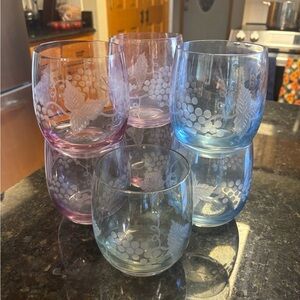 VTG 7 Etched Grape Leaf Balloon Stemless Wine Glasses - Purple, Blue, Green Set